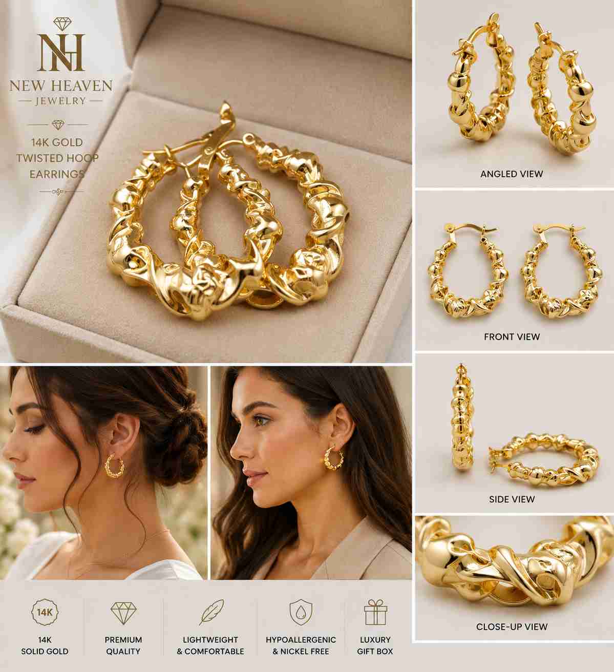Gold 14K Hoop Twisted  Earrings