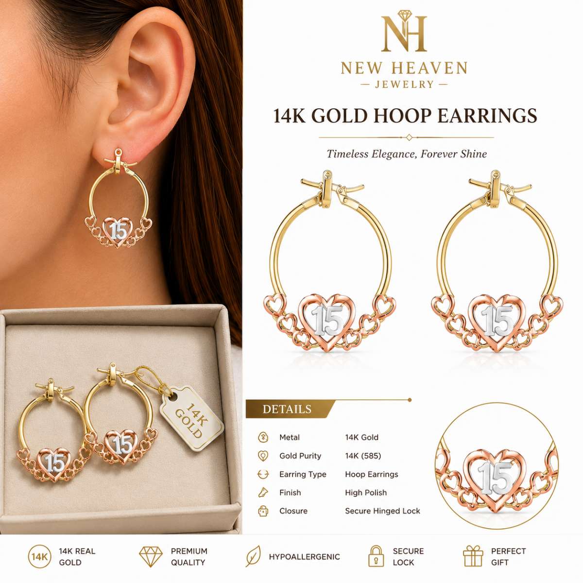 Gold 14K Heart Hoop Earrings