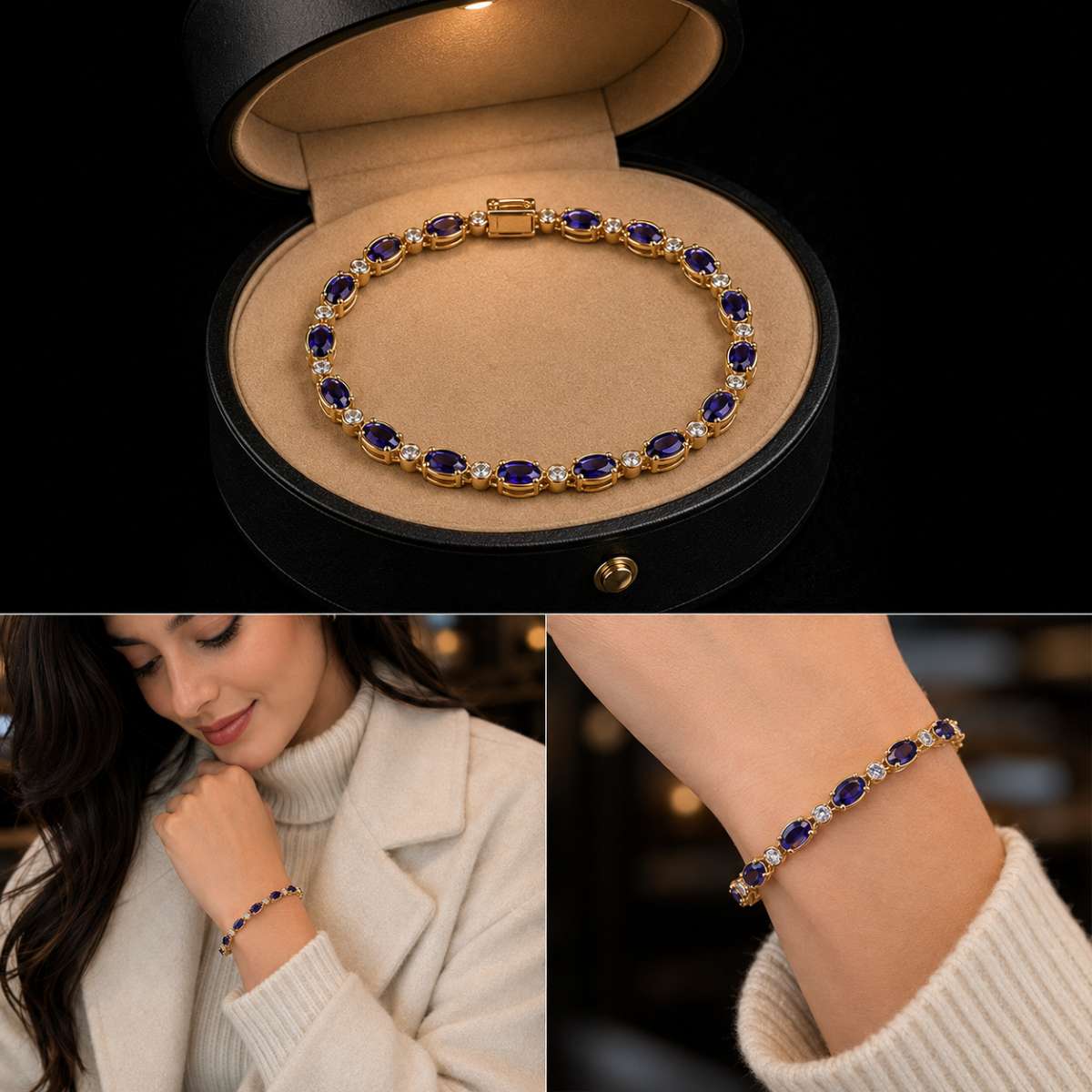 Blue Sapphire and Diamond 14K Gold Tennis Bracelet