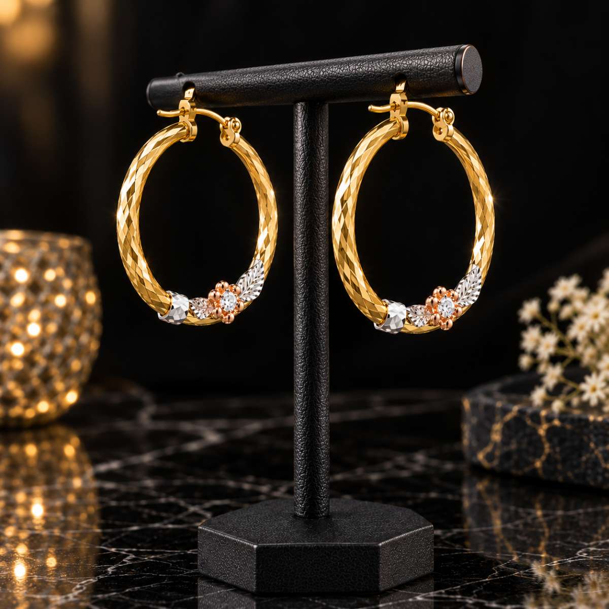 Gold 14K Hoop Flower Earrings
