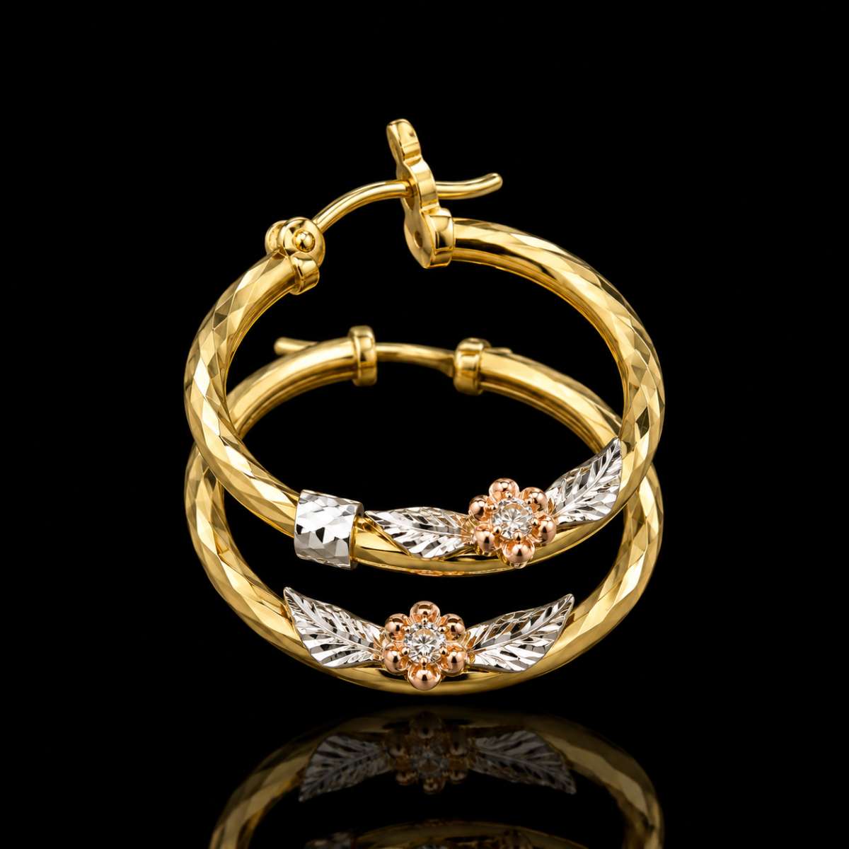Gold 14K Hoop Flower Earrings - Image Main