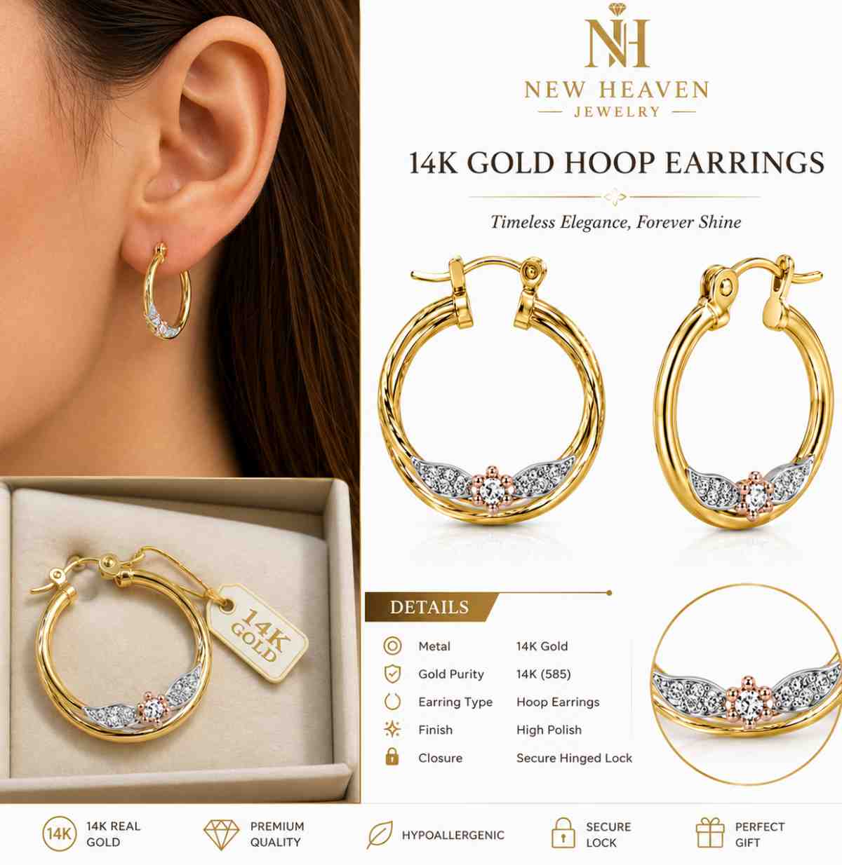 Gold 14K Hoop Flower Earrings - Image 2