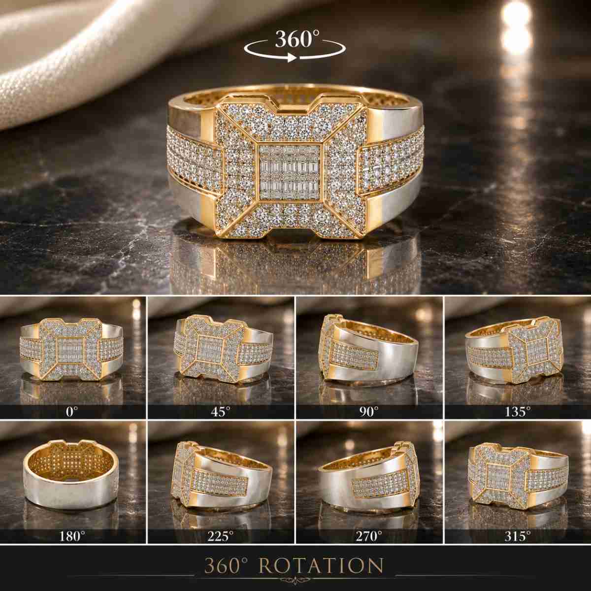 Gold Mens Baguette Diamond Square Ring - Image 2