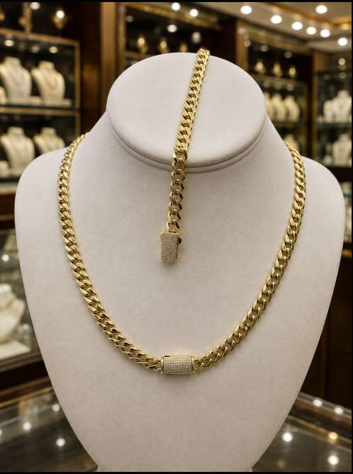 Miami Cuban link chain Necklace in 14K Gold with Bracelet