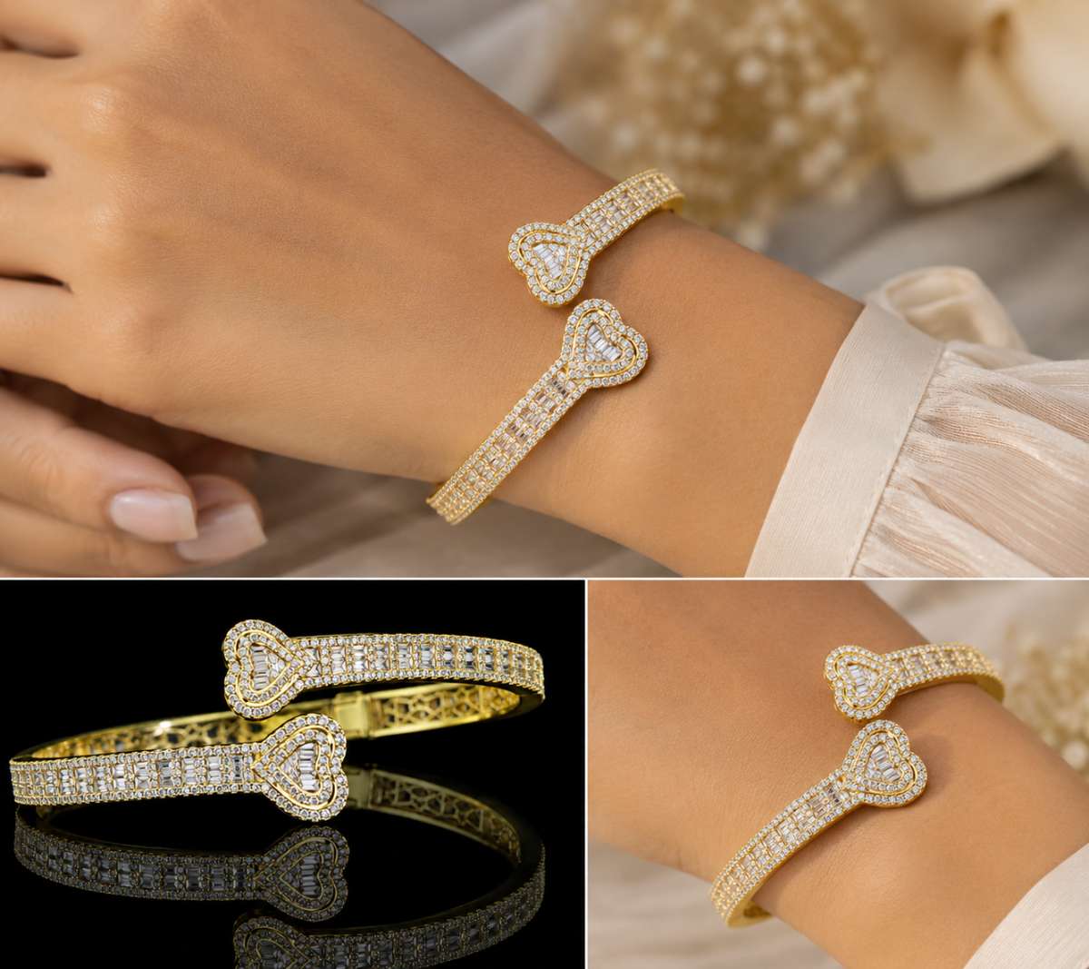 Baguette and Round Czs Heart Bangle - Image 3